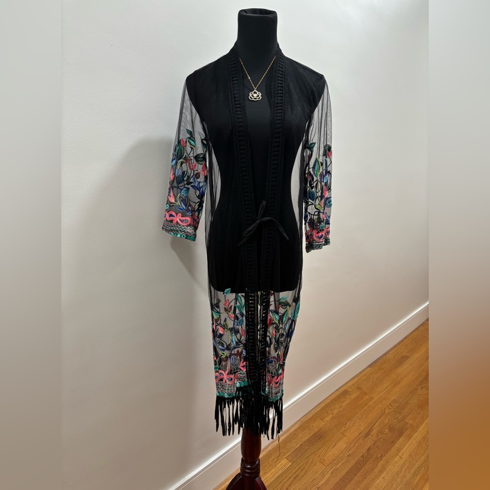 476. Somya Black Sheer Embroidered Duster with Fringe